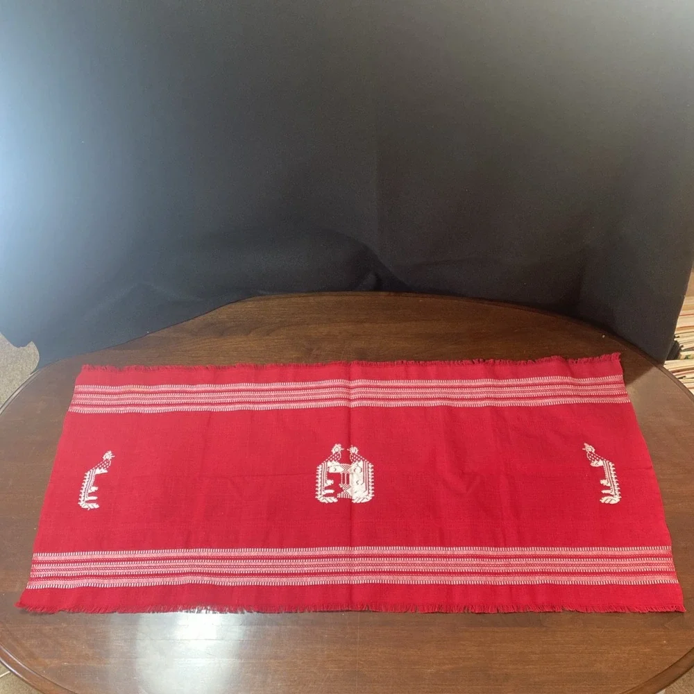 Vintage Woven Red Table Runner White Stripes Peacocks‎ Birds Fringe